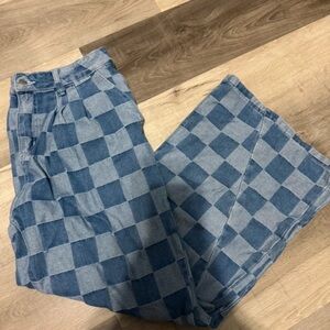 Blue Checkered Straight Leg Jeans